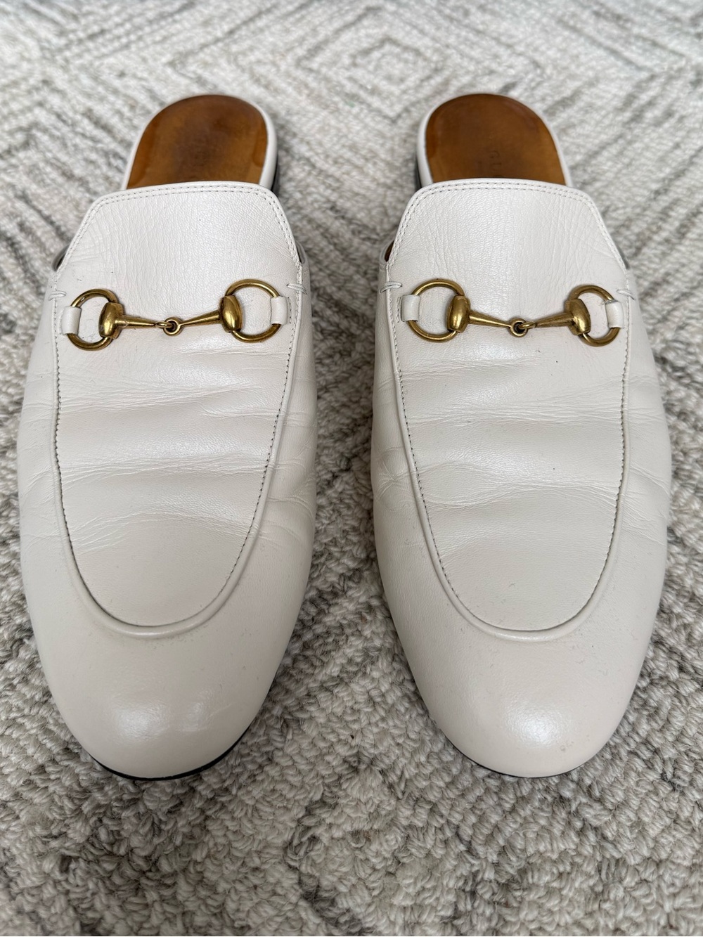 Gucci White Leather Horsebit Backless Loafers